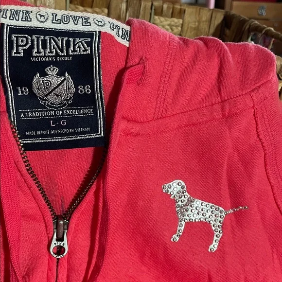PINK Zip up Lg Hoodie and Pants w/Colorful Peace Sign’ gently used’